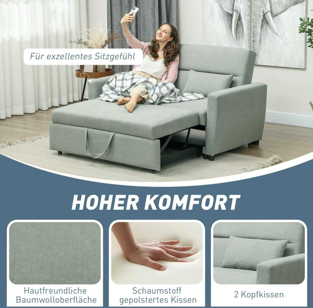HOMCOM sofa lova, 2 vietų sofa su miegojimo funkcija, reguliuojamas atlošas, sofa su pagalvėlėmis, aksominė išvaizda, sofa-lova su patalynės dėže svetainei, svečių kambariui, šviesiai pilka
