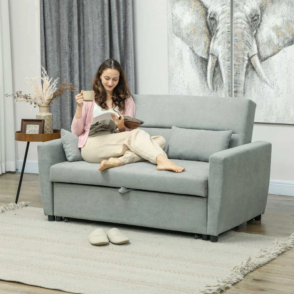 HOMCOM sofa lova, 2 vietų sofa su miegojimo funkcija, reguliuojamas atlošas, sofa su pagalvėlėmis, aksominė išvaizda, sofa-lova su patalynės dėže svetainei, svečių kambariui, šviesiai pilka