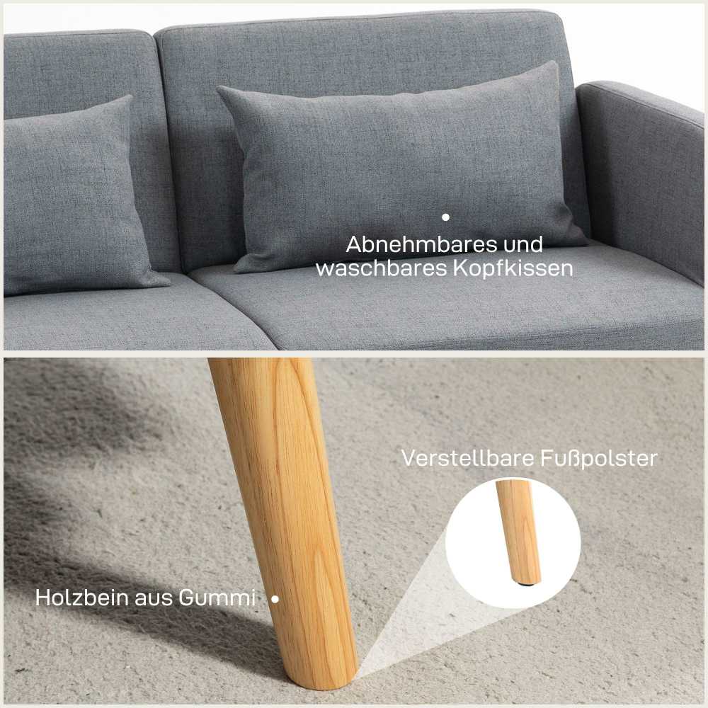 HOMCOM Sofa-lova, 2 vietų sulankstoma lova su lovos funkcija, 2 pagalvėlės, 3 vietų minkšta sofa su reguliuojamu atlošu, lininės išvaizdos, skirta svetainei, miegamajam, 170 x 83 x 80 cm, pilka