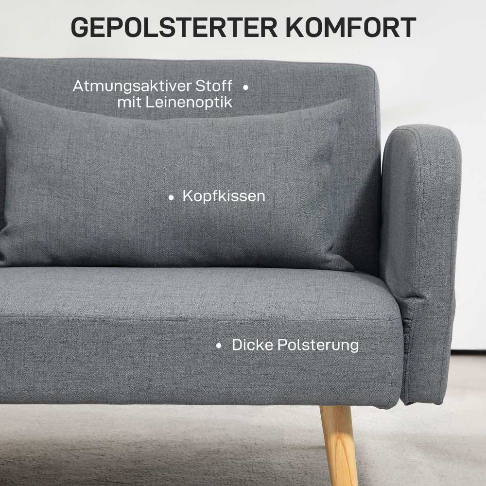 HOMCOM Sofa-lova, 2 vietų sulankstoma lova su lovos funkcija, 2 pagalvėlės, 3 vietų minkšta sofa su reguliuojamu atlošu, lininės išvaizdos, skirta svetainei, miegamajam, 170 x 83 x 80 cm, pilka