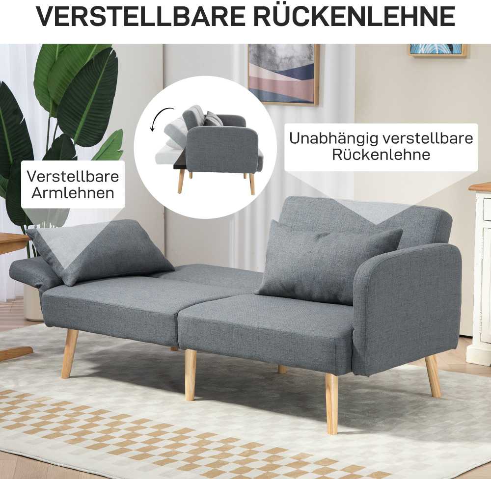 HOMCOM Sofa-lova, 2 vietų sulankstoma lova su lovos funkcija, 2 pagalvėlės, 3 vietų minkšta sofa su reguliuojamu atlošu, lininės išvaizdos, skirta svetainei, miegamajam, 170 x 83 x 80 cm, pilka
