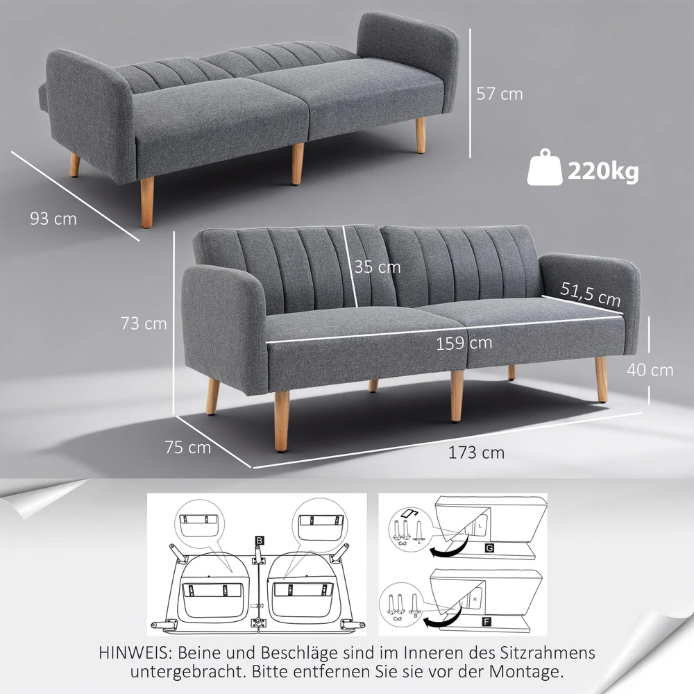 HOMCOM sofa-lova, dvivietė, su miegojimo funkcija, lino išvaizdos poliesteris, gumamedis, pilka, 173x75x73 cm