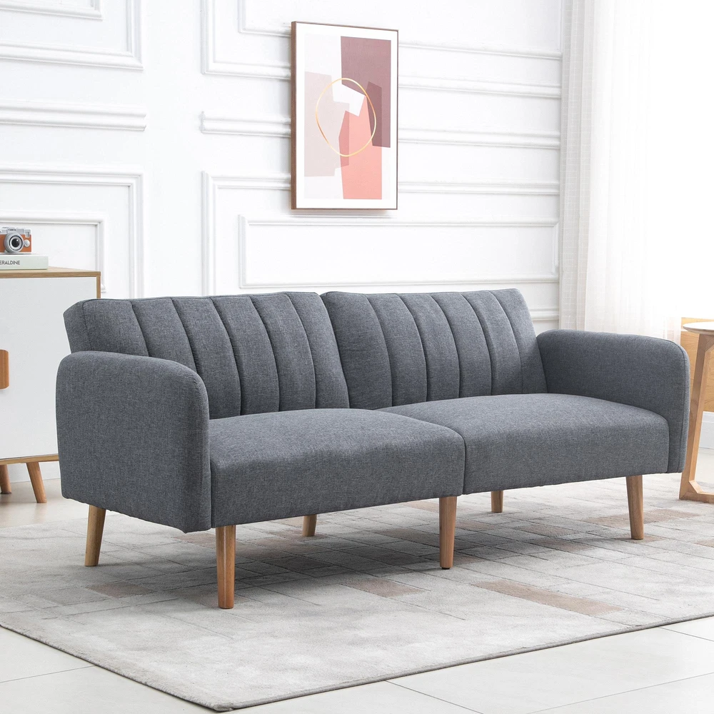 HOMCOM sofa-lova, dvivietė, su miegojimo funkcija, lino išvaizdos poliesteris, gumamedis, pilka, 173x75x73 cm