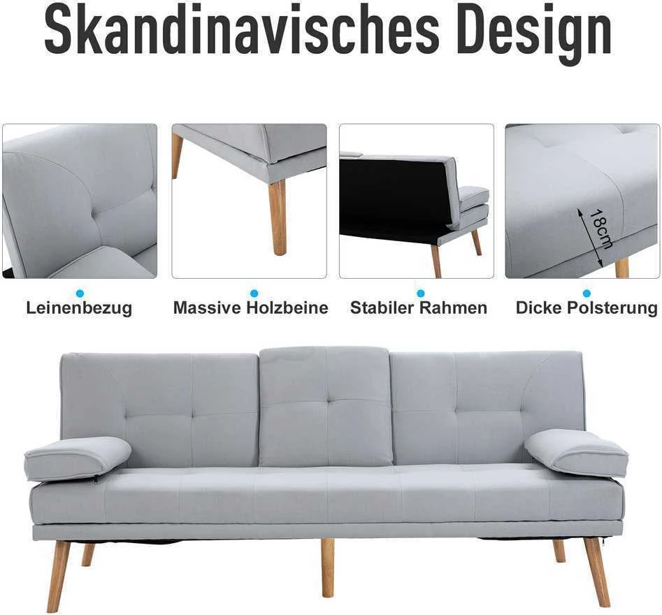 HOMCOM išskleidžiama sofa, patogi sofa-lova, 3 vietų, sofos lova, linas, šviesiai pilka, 181x77x72 cm