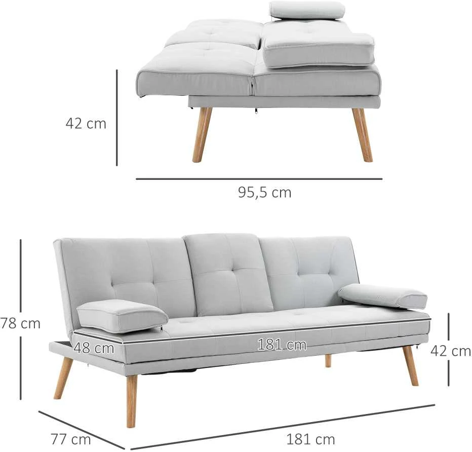 HOMCOM išskleidžiama sofa, patogi sofa-lova, 3 vietų, sofos lova, linas, šviesiai pilka, 181x77x72 cm