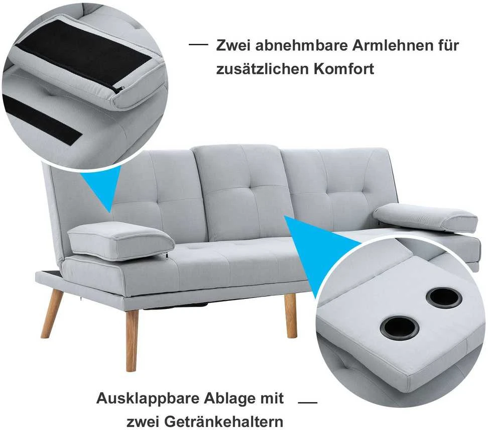 HOMCOM išskleidžiama sofa, patogi sofa-lova, 3 vietų, sofos lova, linas, šviesiai pilka, 181x77x72 cm
