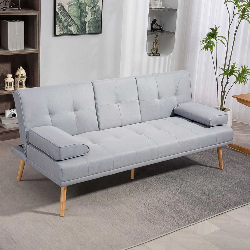 HOMCOM išskleidžiama sofa, patogi sofa-lova, 3 vietų, sofos lova, linas, šviesiai pilka, 181x77x72 cm