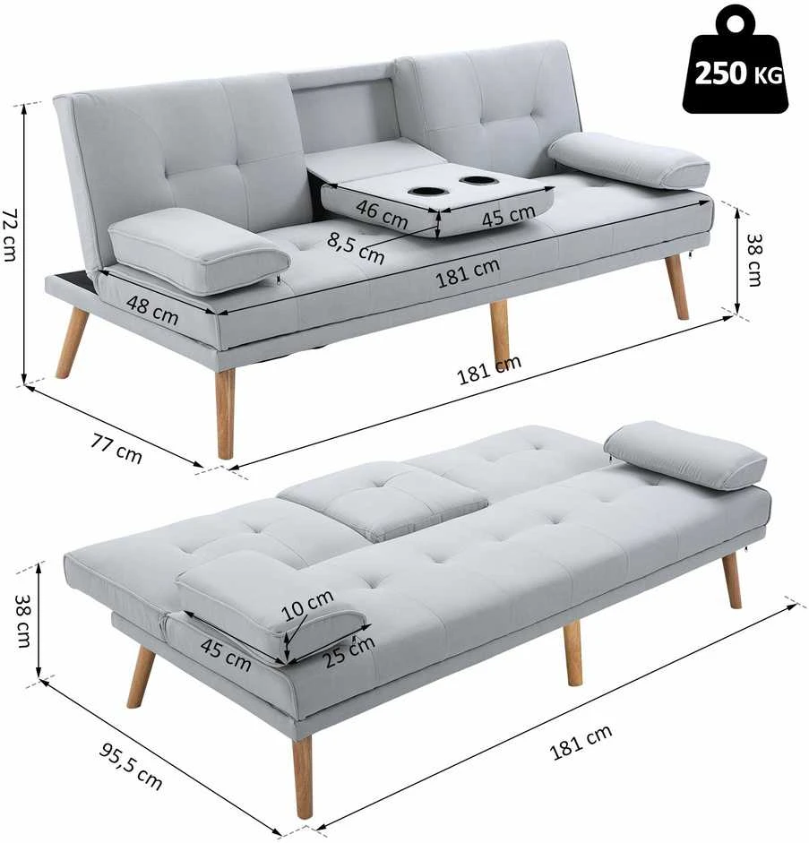 HOMCOM išskleidžiama sofa, patogi sofa-lova, 3 vietų, sofos lova, linas, šviesiai pilka, 181x77x72 cm