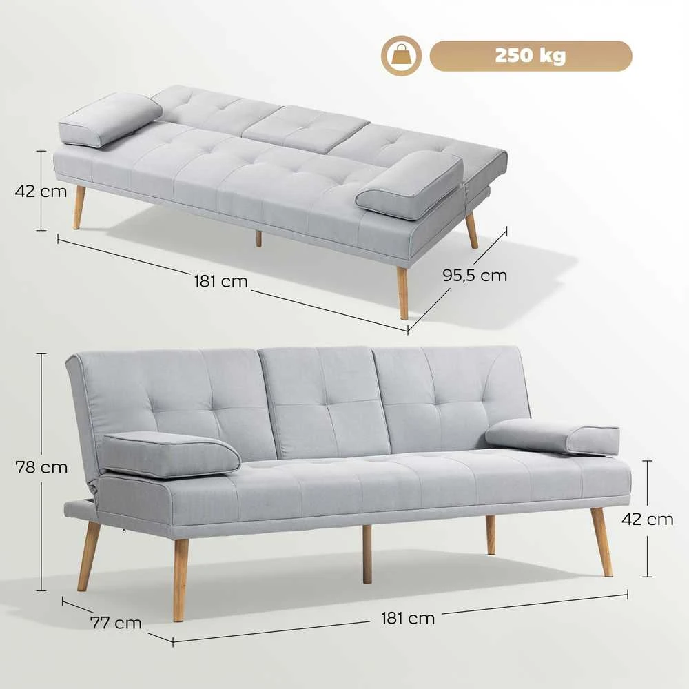 HOMCOM išskleidžiama sofa, patogi sofa-lova, 3 vietų, sofos lova, linas, šviesiai pilka, 181x77x72 cm