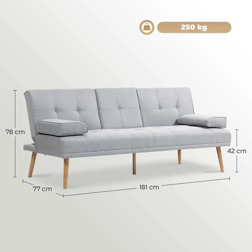 HOMCOM išskleidžiama sofa, patogi sofa-lova, 3 vietų, sofos lova, linas, šviesiai pilka, 181x77x72 cm