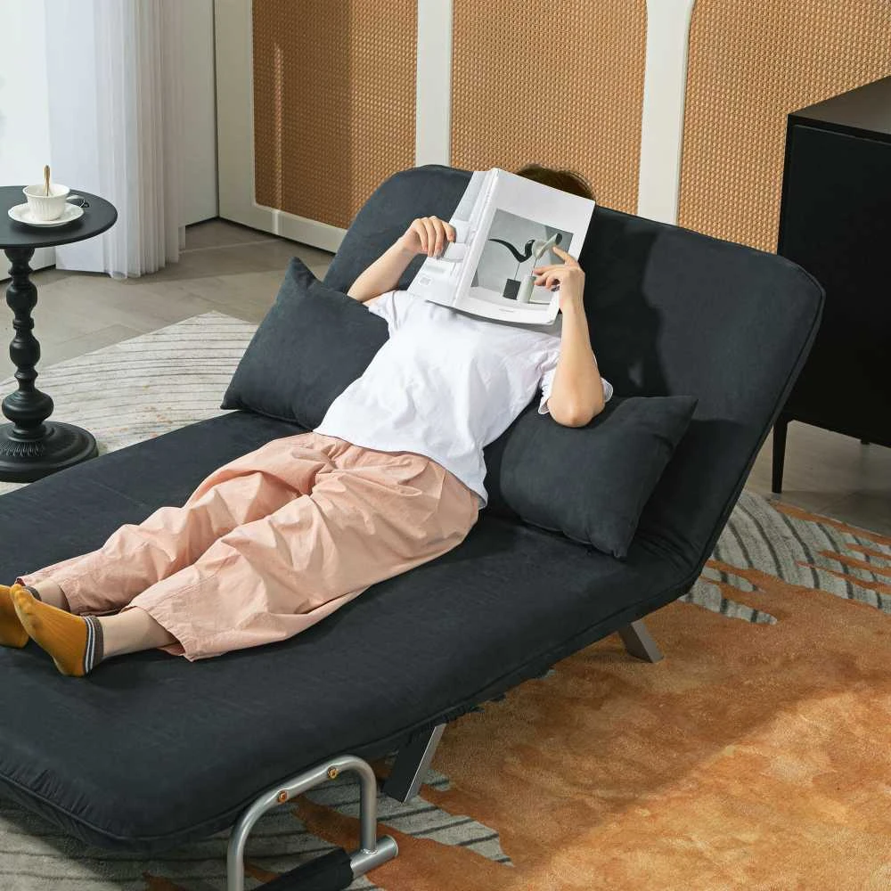 HOMCOM sofa-lova su reguliuojamu atlošu, pagalvėlėmis, 2 vietų, aksominės išvaizdos, su porankiais, skirta svetainei, miegamajam, juoda