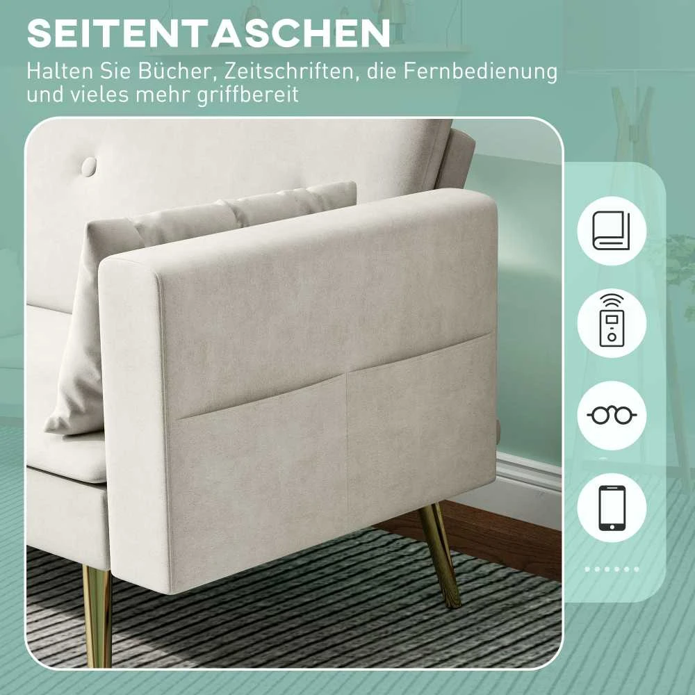 HOMCOM išskleidžiama sofa, miegamoji sofa su reguliuojamu atlošu, šonine kišene, paminkštinta 2 vietų sofa su miegamąja funkcija, pagalvėmis, svetainei, miegamajam, smėlio spalvos