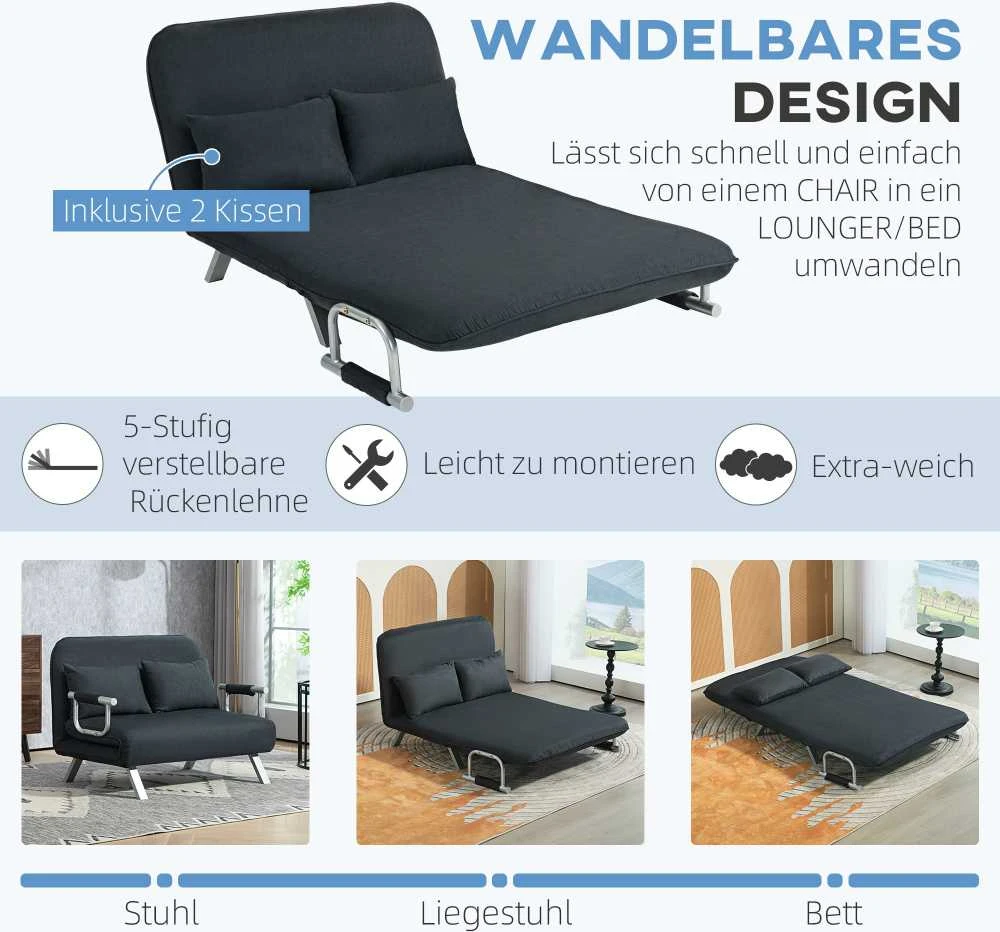 HOMCOM sofa-lova su reguliuojamu atlošu, pagalvėlėmis, 2 vietų, aksominės išvaizdos, su porankiais, skirta svetainei, miegamajam, juoda