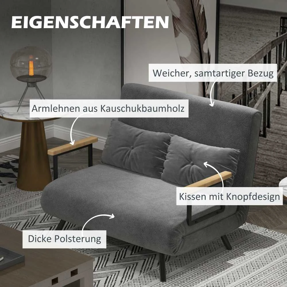 HOMCOM sofa lova su patalynės dėže, sofa su miegojimo funkcija, aksominės išvaizdos sofa su nugaros pagalvėlėmis, tamsiai pilka, 102 x 73 x 81 cm