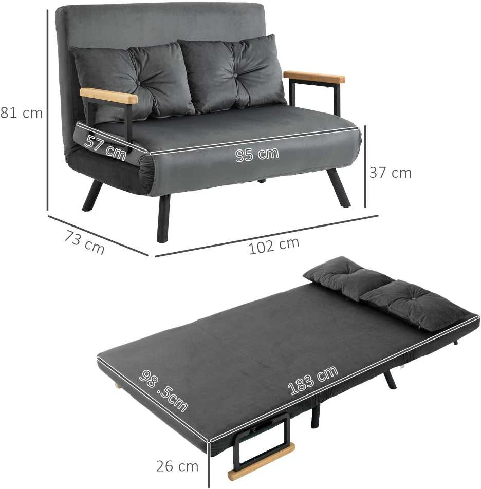 HOMCOM sofa lova su patalynės dėže, sofa su miegojimo funkcija, aksominės išvaizdos sofa su nugaros pagalvėlėmis, tamsiai pilka, 102 x 73 x 81 cm