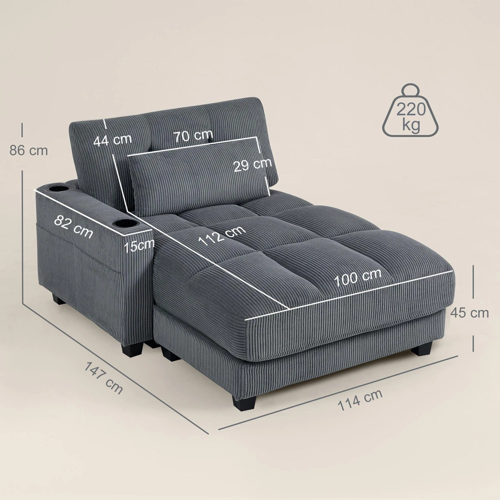 HOMCOM sofa-lova su pagalvėmis, porolonas, transformuojama į lovą, puodelių laikikliai, pilka