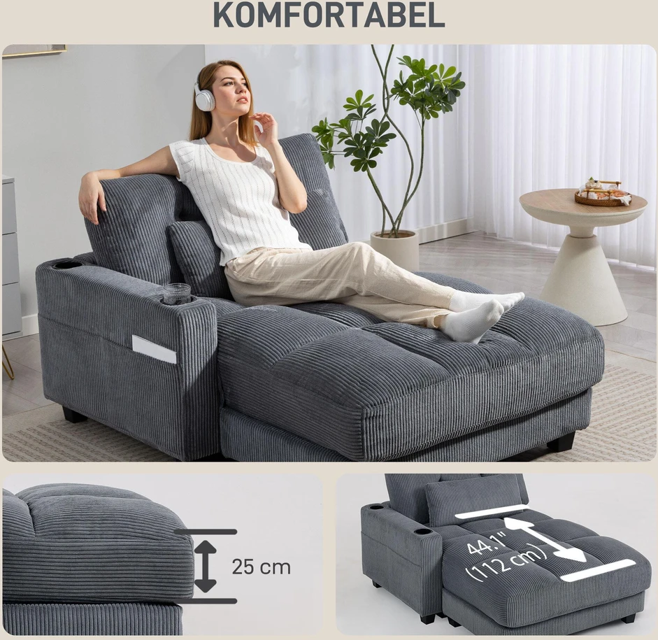HOMCOM sofa-lova su pagalvėmis, porolonas, transformuojama į lovą, puodelių laikikliai, pilka