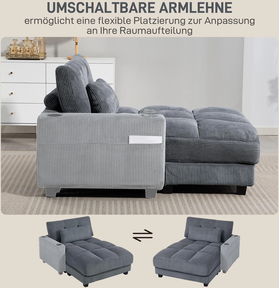 HOMCOM sofa-lova su pagalvėmis, porolonas, transformuojama į lovą, puodelių laikikliai, pilka