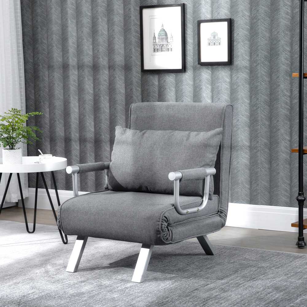 Fotelis HOMCOM Sofa-lova su porankiu 65x69x80 cm, "3-in-1" sofa-lova, lova svečiams, šezlongas, į liną panašus poliesteris, pilka