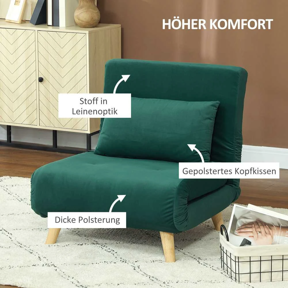 HOMCOM miegamasis fotelis, sulankstomas fotelis su lovos funkcija, dekoratyvinė pagalvė, reguliuojamo atlošo aksominis poilsio fotelis, skirtas svetainei, tamsiai žalias