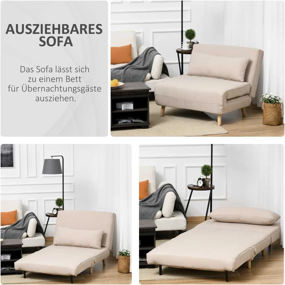 HOMCOM Sofa lova viengulė, sulankstoma sofa su reguliuojamu atlošu, šiaurietiška, lino imitacija