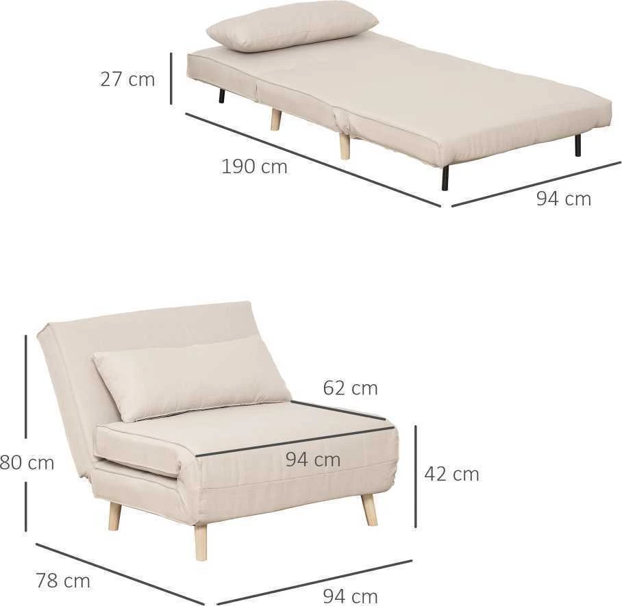 HOMCOM Sofa lova viengulė, sulankstoma sofa su reguliuojamu atlošu, šiaurietiška, lino imitacija