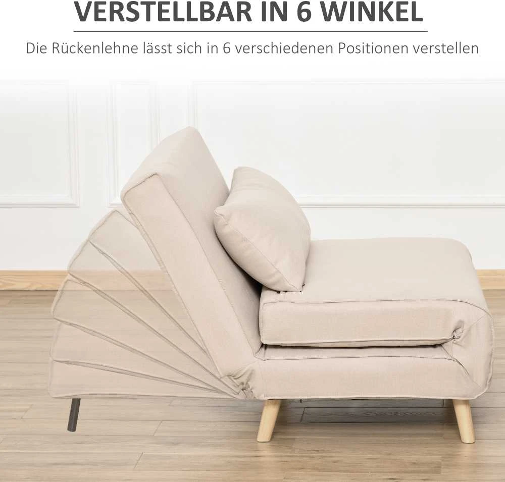 HOMCOM Sofa lova viengulė, sulankstoma sofa su reguliuojamu atlošu, šiaurietiška, lino imitacija