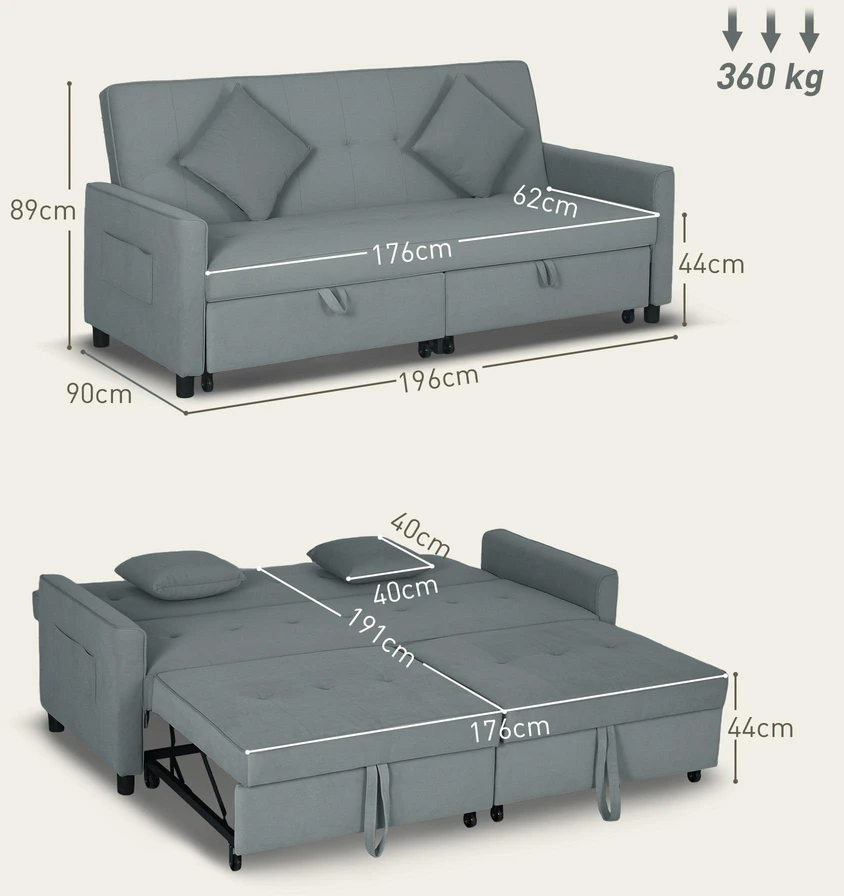 HOMCOM sofos lova, reguliuojama 3 vietų sofa su miegamąja funkcija, išskleidžiama sofa-lova, pagalvėlės, pilka
