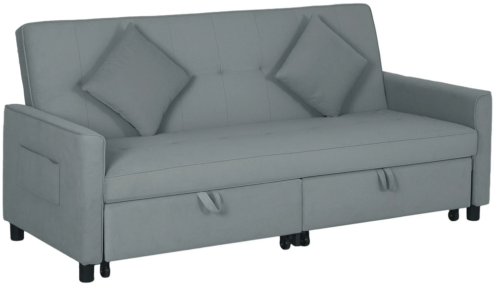 HOMCOM sofos lova, reguliuojama 3 vietų sofa su miegamąja funkcija, išskleidžiama sofa-lova, pagalvėlės, pilka
