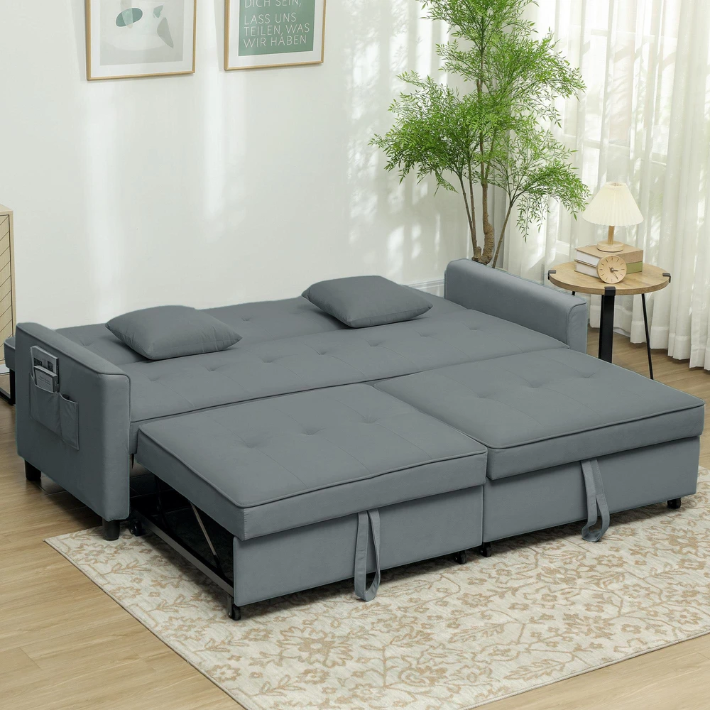 HOMCOM sofos lova, reguliuojama 3 vietų sofa su miegamąja funkcija, išskleidžiama sofa-lova, pagalvėlės, pilka