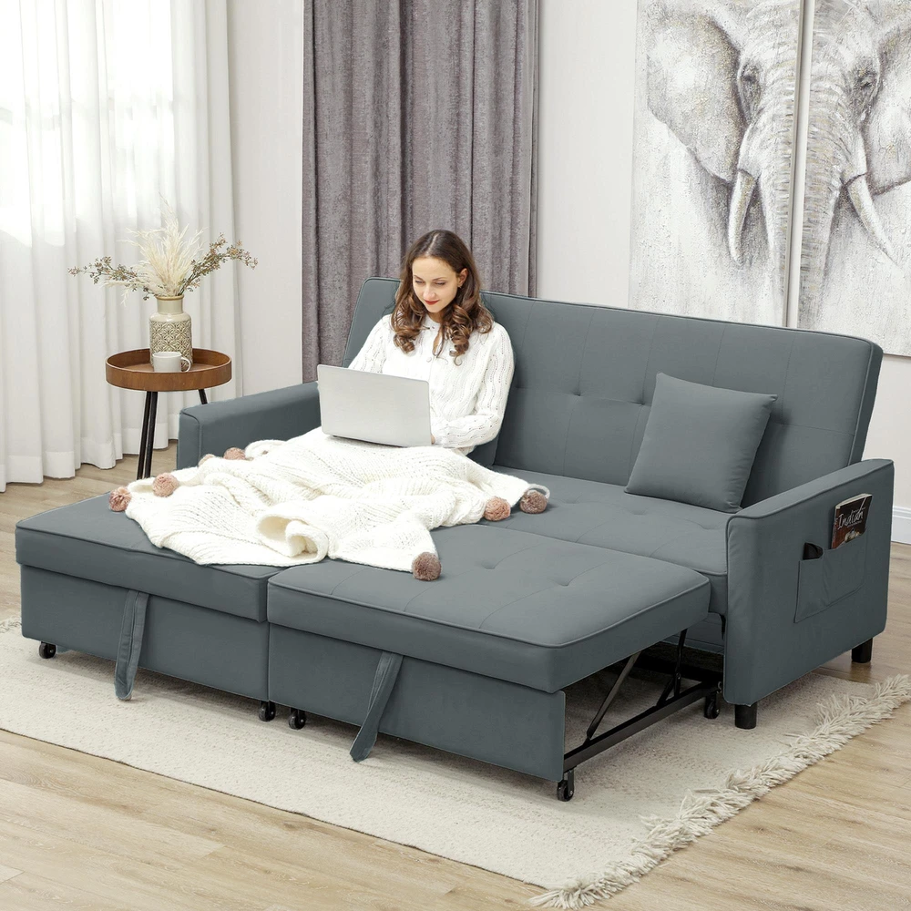 HOMCOM sofos lova, reguliuojama 3 vietų sofa su miegamąja funkcija, išskleidžiama sofa-lova, pagalvėlės, pilka