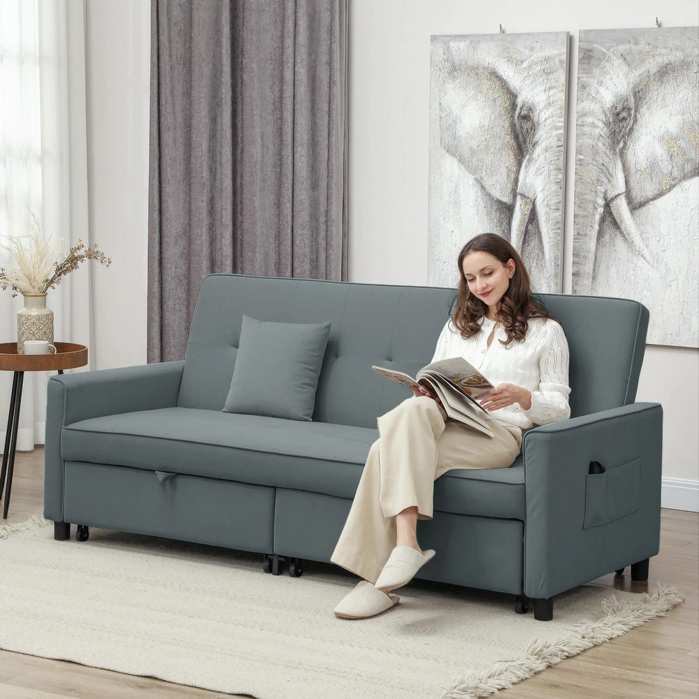HOMCOM sofos lova, reguliuojama 3 vietų sofa su miegamąja funkcija, išskleidžiama sofa-lova, pagalvėlės, pilka