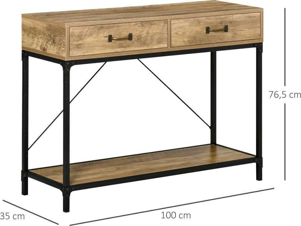 HOMCOM šoninis staliukas, konsolinis staliukas, prieškambario staliukas, 2 stalčiai, apatinė lentyna, vintažinis, rudas/juodas, 100 x 35 x 76,5 cm