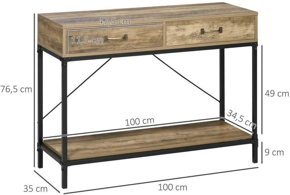 HOMCOM šoninis staliukas, konsolinis staliukas, prieškambario staliukas, 2 stalčiai, apatinė lentyna, vintažinis, rudas/juodas, 100 x 35 x 76,5 cm