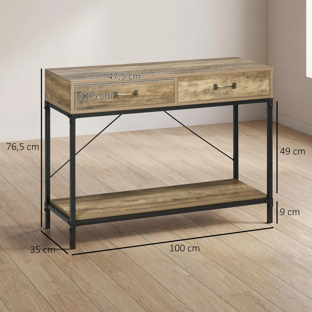 HOMCOM šoninis staliukas, konsolinis staliukas, prieškambario staliukas, 2 stalčiai, apatinė lentyna, vintažinis, rudas/juodas, 100 x 35 x 76,5 cm