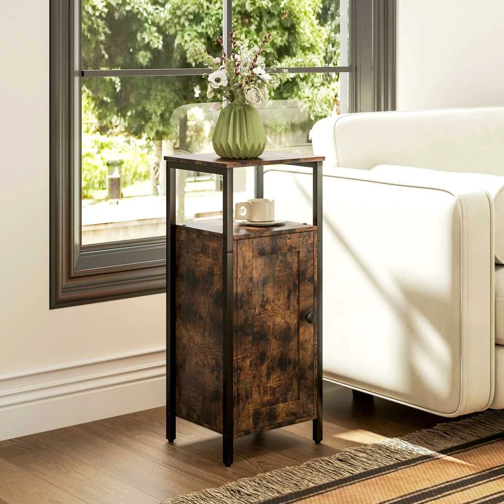 HOMCOM šoninis staliukas, industrinio stiliaus kavos staliukas su reguliuojama lentyna, svetainei, miegamajam, 34 x 30 x 80 cm, rustikos ruda