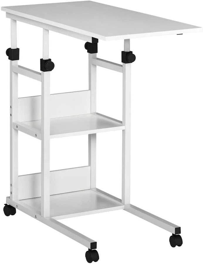 HOMCOM šoninis staliukas su ratukais, reguliuojamo aukščio kavos staliukas, 2 lentynos, E1 medžio drožlių plokštė, baltas, 80x40x72-82 cm