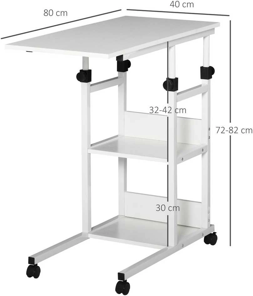 HOMCOM šoninis staliukas su ratukais, reguliuojamo aukščio kavos staliukas, 2 lentynos, E1 medžio drožlių plokštė, baltas, 80x40x72-82 cm