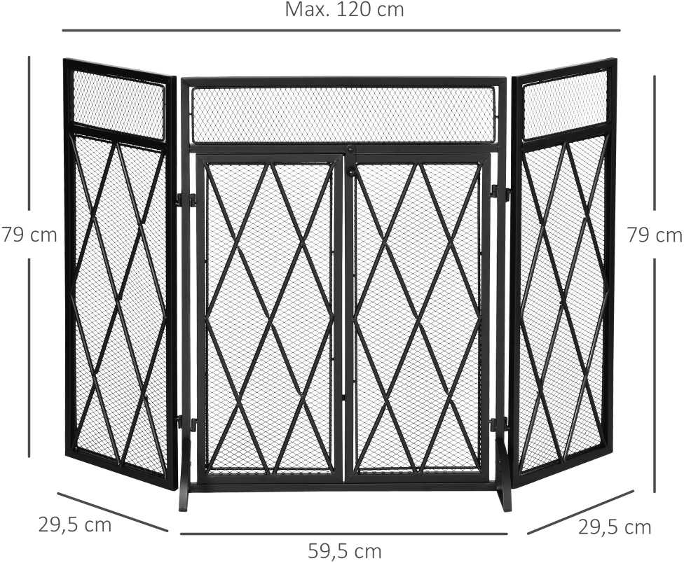 "HOMCOM" "Spark protection" 3 dalių dizaino kaltinės geležies židinio ekranas Židinio apsauga nuo kibirkščių metalinė juoda 120 x 79 cm
