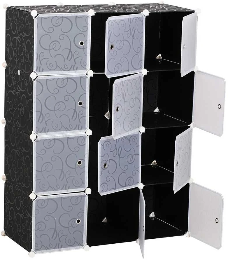 HOMCOM drabužių spinta DIY modulinė lentynų sistema, kubinė spinta su drabužių kabykla, PP, juoda + balta