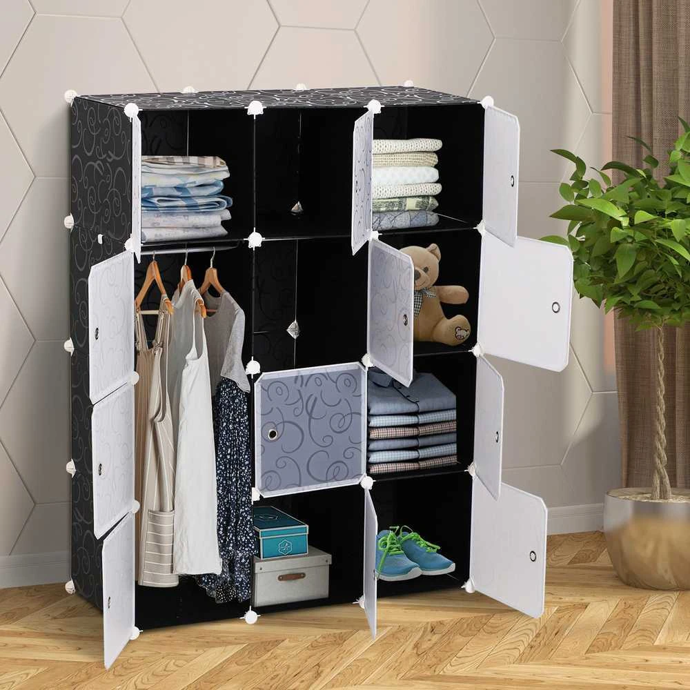HOMCOM drabužių spinta DIY modulinė lentynų sistema, kubinė spinta su drabužių kabykla, PP, juoda + balta