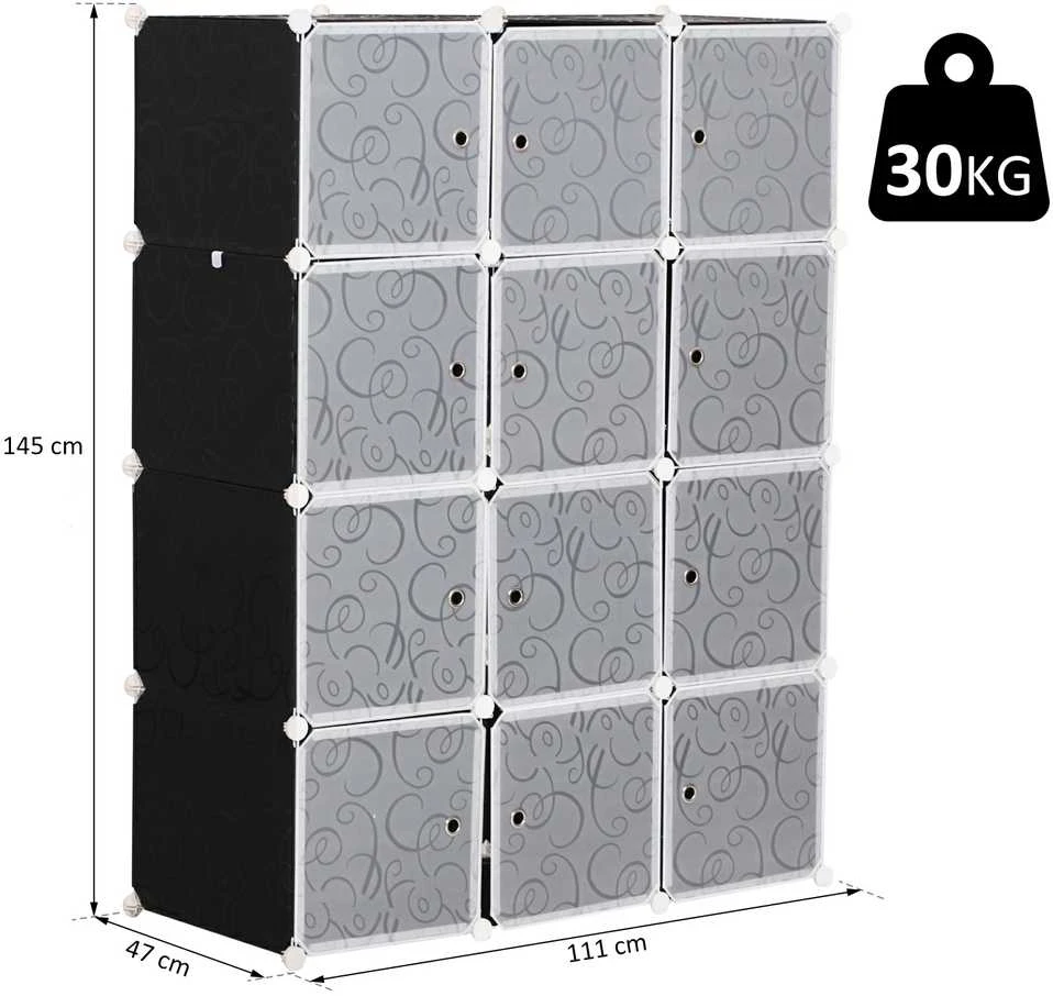 HOMCOM drabužių spinta DIY modulinė lentynų sistema, kubinė spinta su drabužių kabykla, PP, juoda + balta