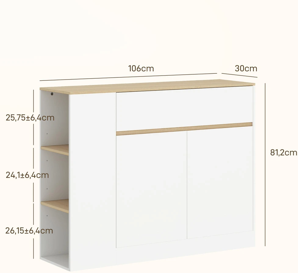 HOMCOM Spintelė, virtuvės spintelė su stalčiais, reguliuojama lentyna, sandėliavimo spintelė su apsauga nuo pasvirimo, šoninė spintelė virtuvei, valgomajam, 105 x 30 x 81,5 cm Balta