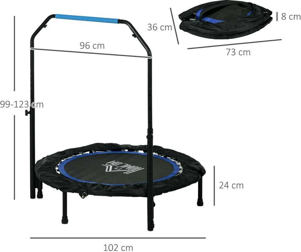Homcom SPORTNOW 102 cm fitneso batutas, sulankstomas mini batutas su 4 lygių reguliuojama rankena, LCD monitoriumi, fitneso rebounder suaugusiems, vaikams, iki 100 kg