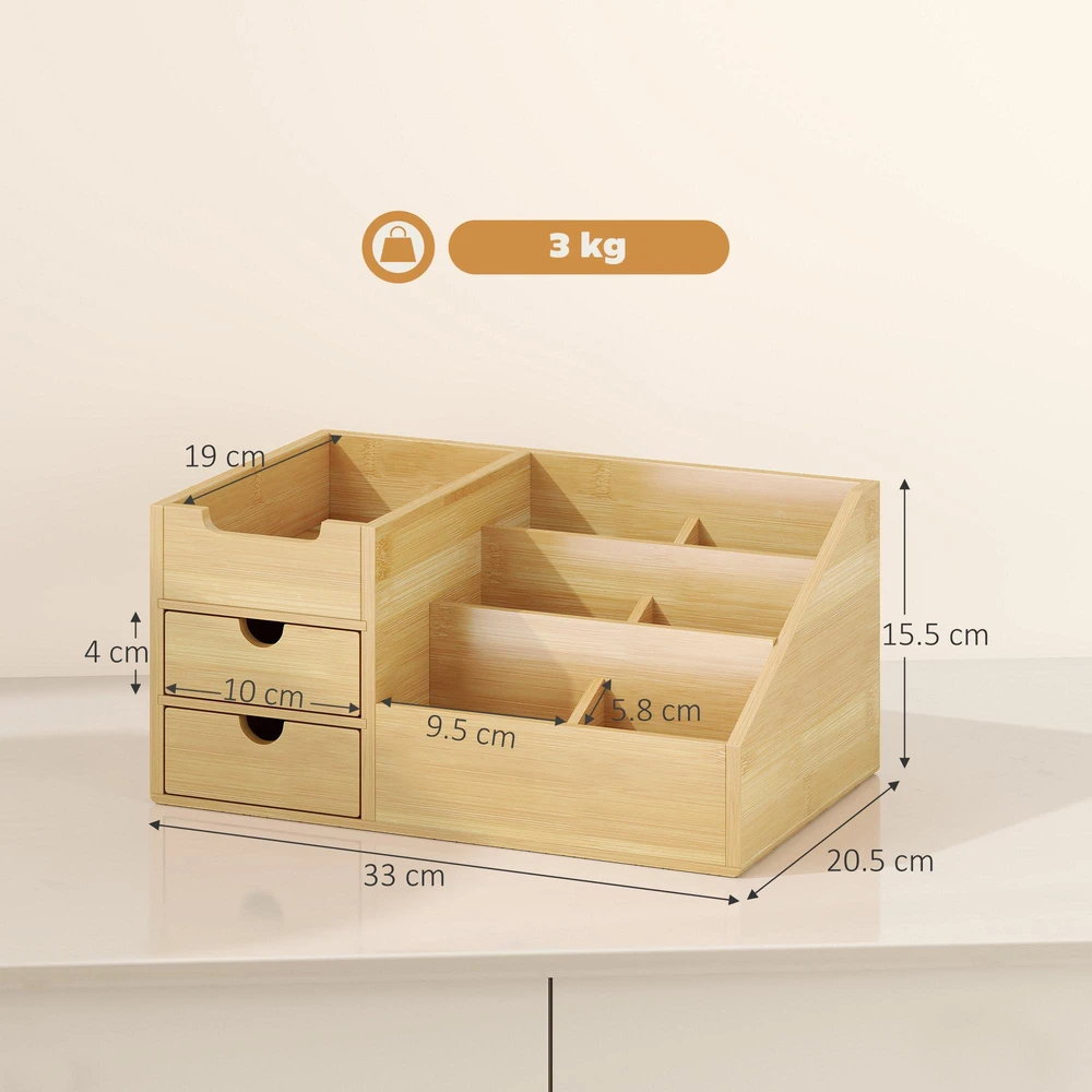 HOMCOM stalo organizatorius, biuro daiktadėžė su 2 stalčiais, tvarkai ir organizavimui, natūrali, I33 x P20,5 x A15,5 cm