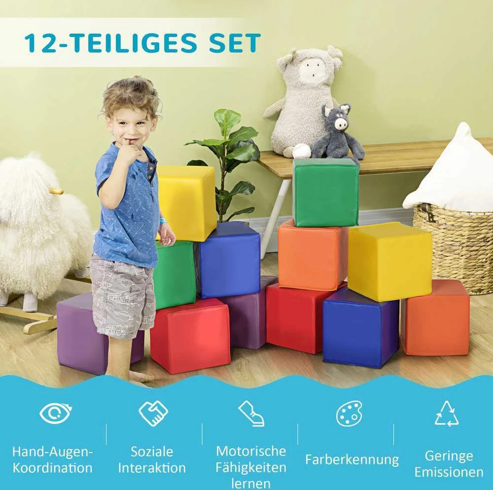 HOMCOM vaikiškų kaladėlių rinkinys, 12 minkštų putplasčio kaladėlių, statybinis žaislas, saugus, 1–3 metai, dirbtinė oda, EPE