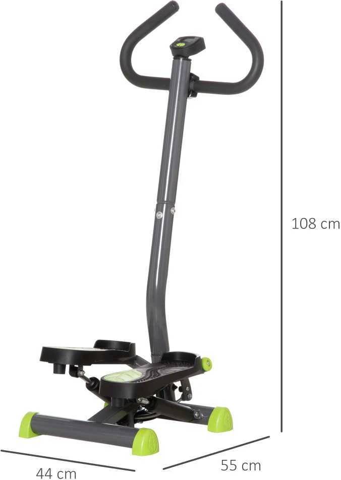 HOMCOM treniruoklis steperis su LCD ekranu ir rankena, iki 100 kg, plieno, ABS, pilkas/žalias, 55 x 44 x 108 cm