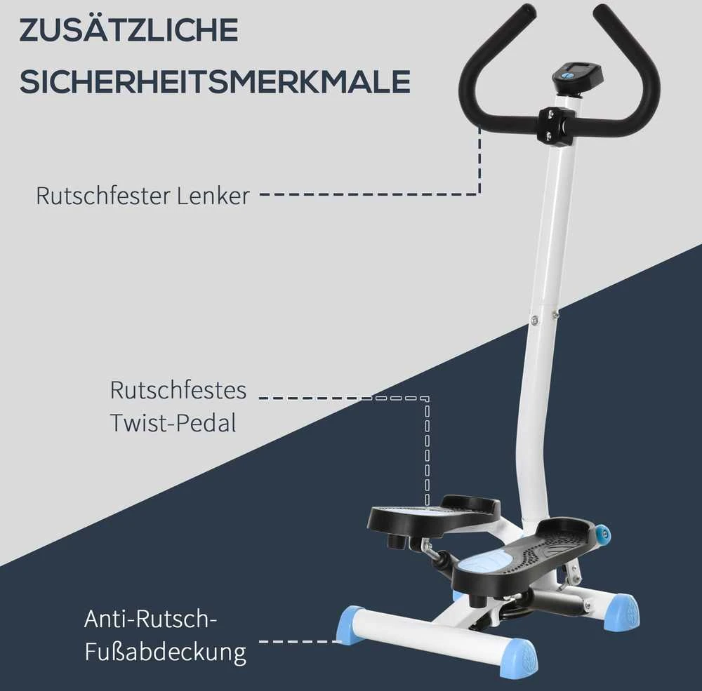 HOMCOM treniruoklis „Swing Stepper“ su LCD ekranu ir rankena, namų treniruoklis iki 100 kg, plienas/ABS, mėlynas, 55 x 44 x 108 cm | Aosom