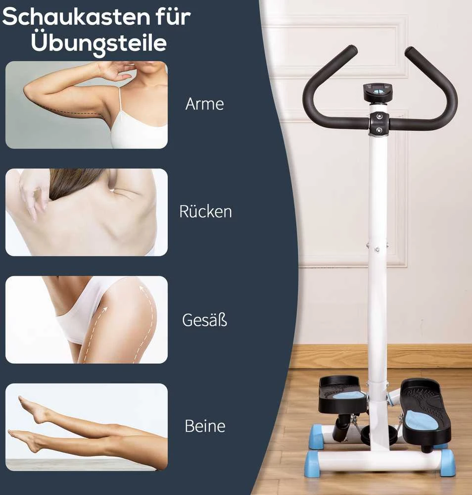 HOMCOM treniruoklis „Swing Stepper“ su LCD ekranu ir rankena, namų treniruoklis iki 100 kg, plienas/ABS, mėlynas, 55 x 44 x 108 cm | Aosom