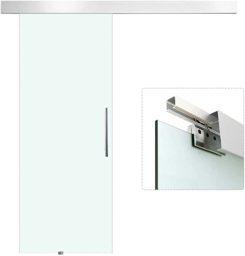 HOMCOM stiklinės stumdomos durys, pilnas komplektas, kambario durys su rankena, viena pusė matinė, 2050x900 mm